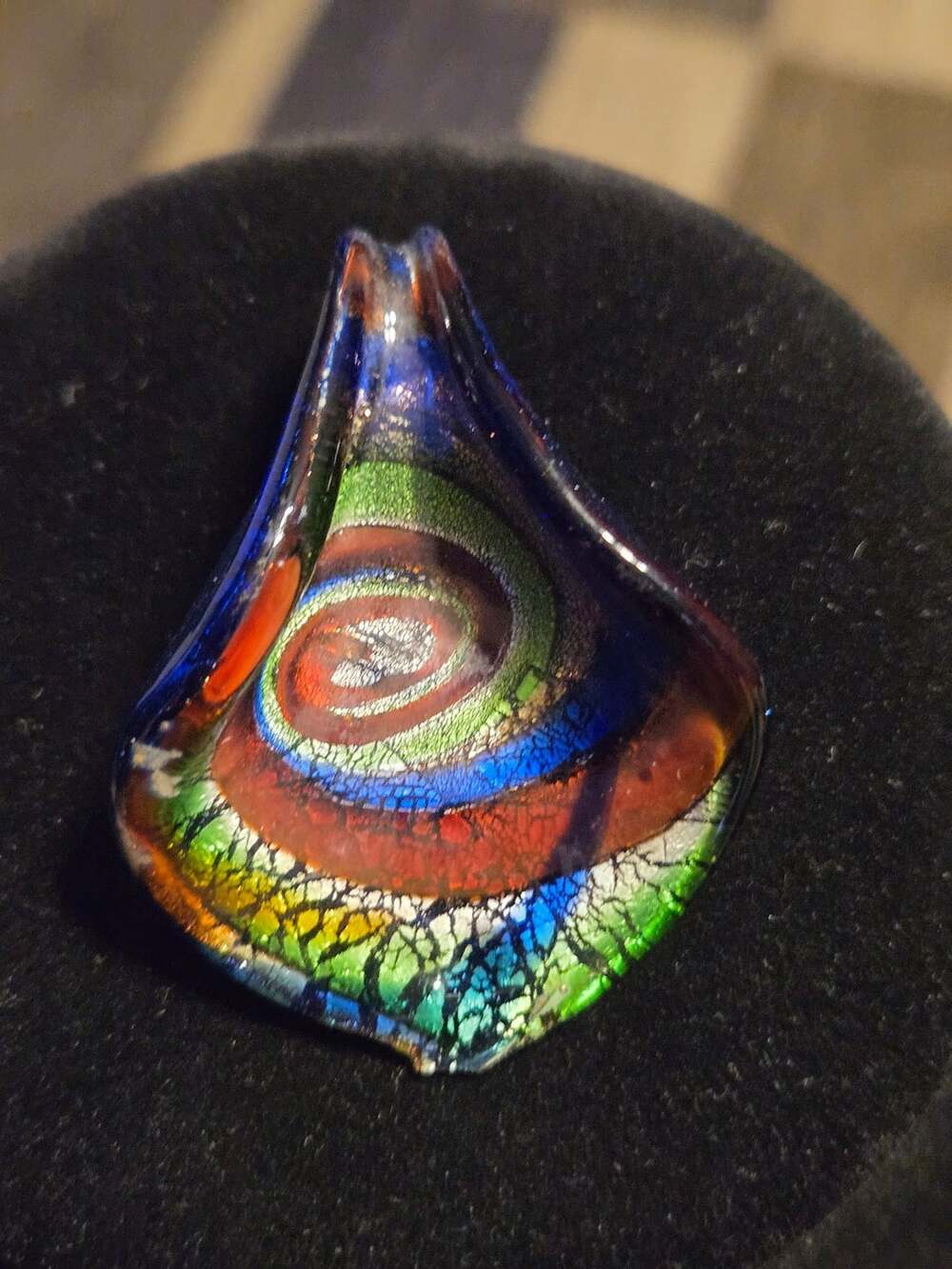 Murano Style Art Glass Teardrop Pendant Multicolor Swirl Foil Silver Aventurine